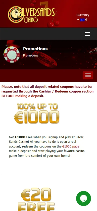 Silversands Casino mobile promotions area with rewards and offers