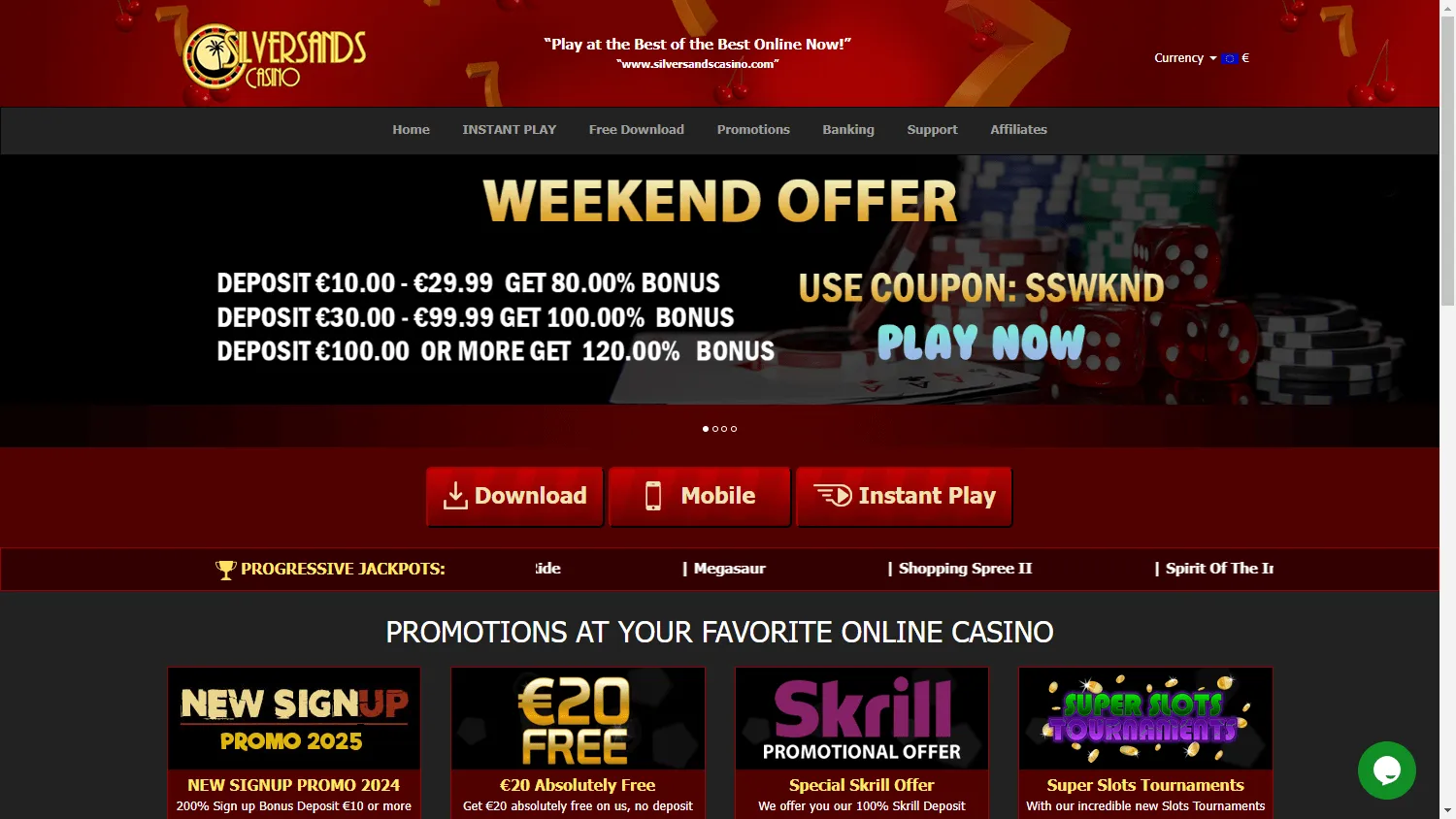 Silversands Casino desktop home screen with casino offers and play options