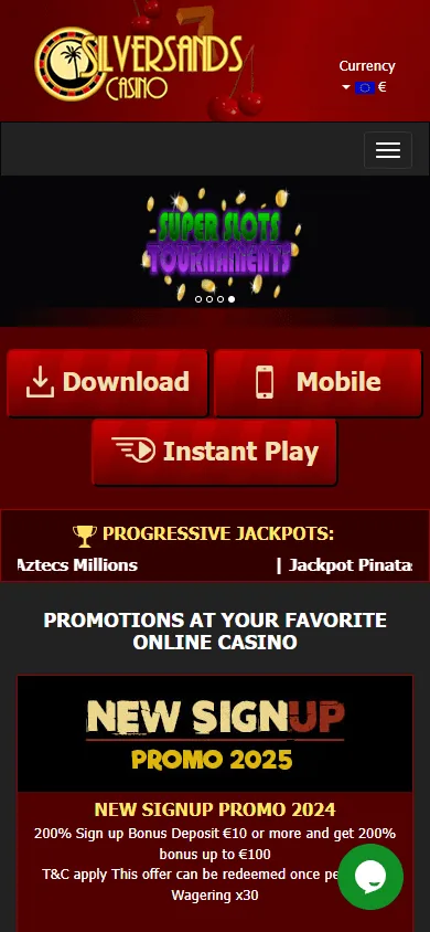 Silversands Casino mobile home experience with casino play options