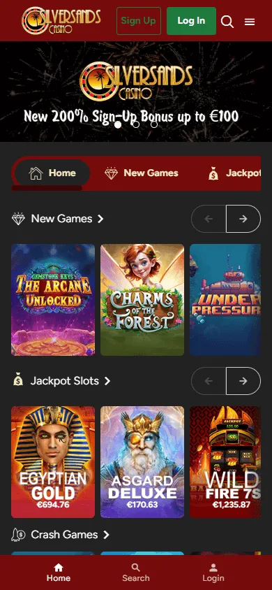 Silversands Casino mobile games area with casino categories