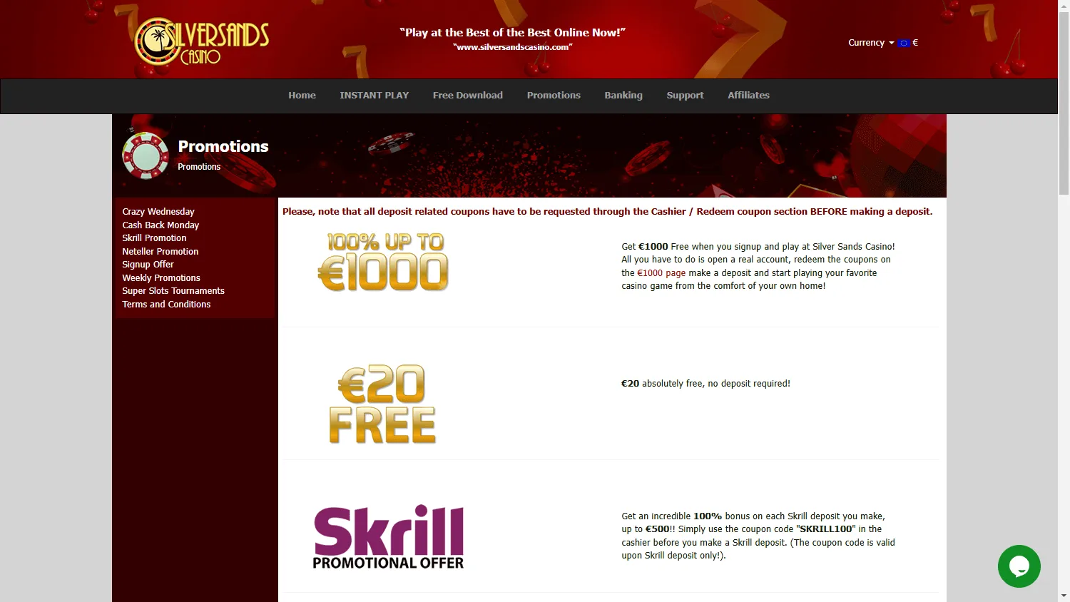 Silversands Casino desktop promotions area with bonus and loyalty offers