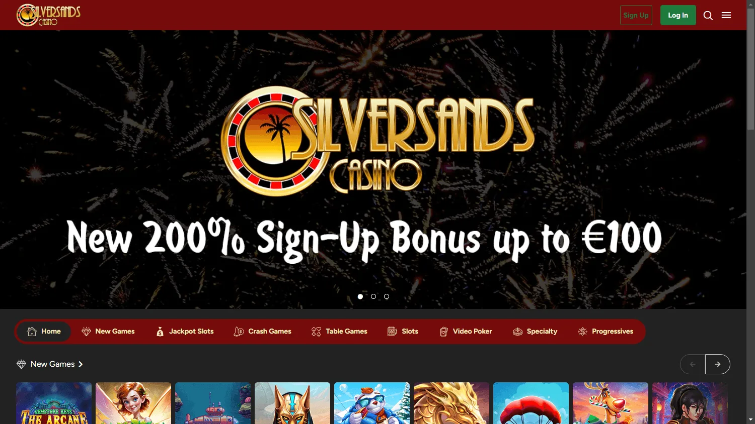 Silversands Casino desktop games area with slots and casino categories